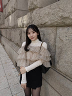 Dot tulle ruffle & knit top set ベージュ