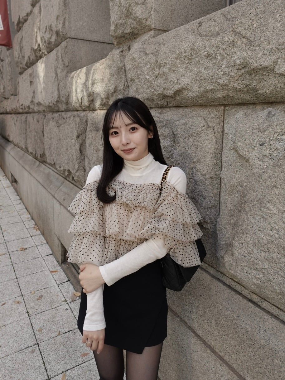 Dot tulle ruffle & knit top set ベージュ