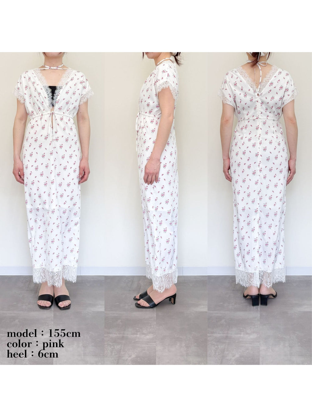 Lace trimming flower dress ピンク