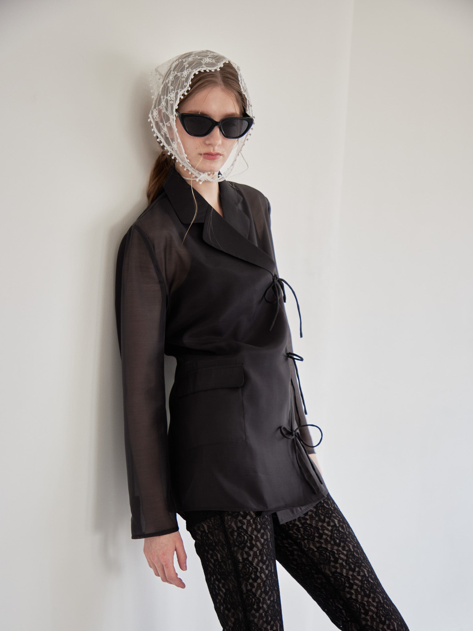 Ribbon sheer jacket ブラック size:M model:174cm LERA