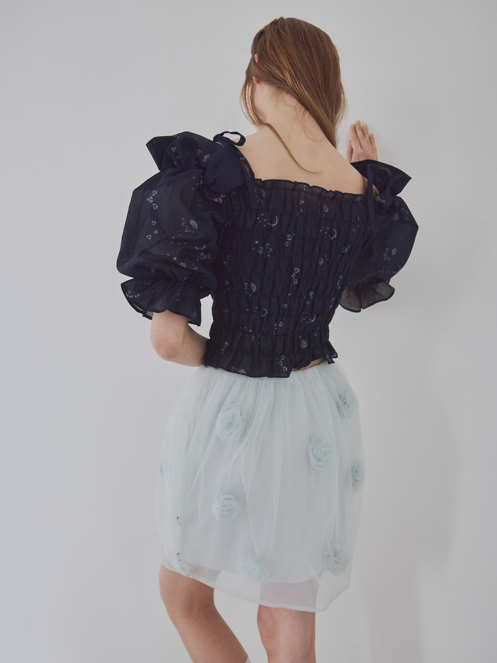 Sheer jacquard off shoulder blouse ネイビー size:M model:175cm MARTA