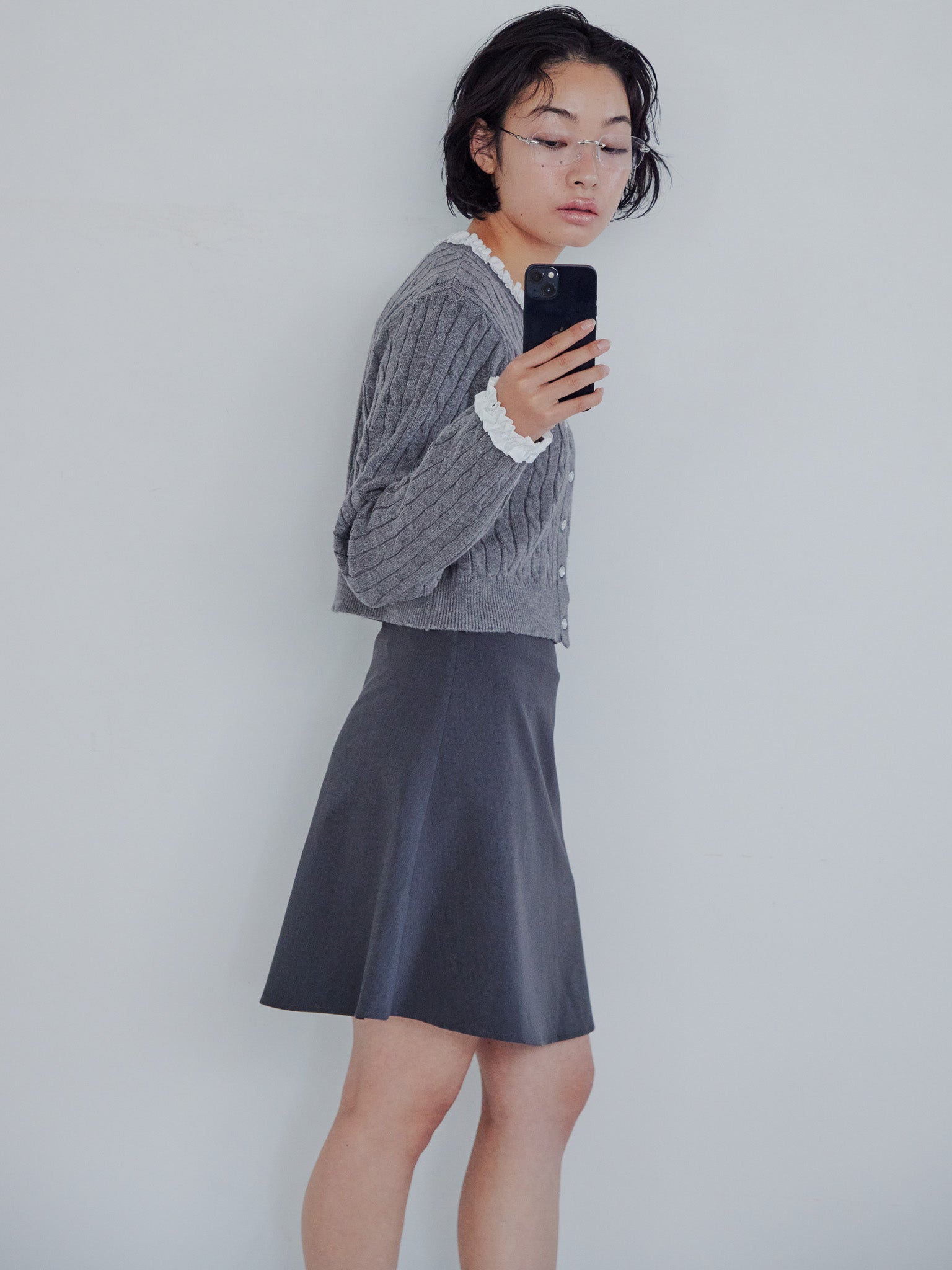 Hem flare mini skirt グレー size:M model:161cm 富樫かなえ
