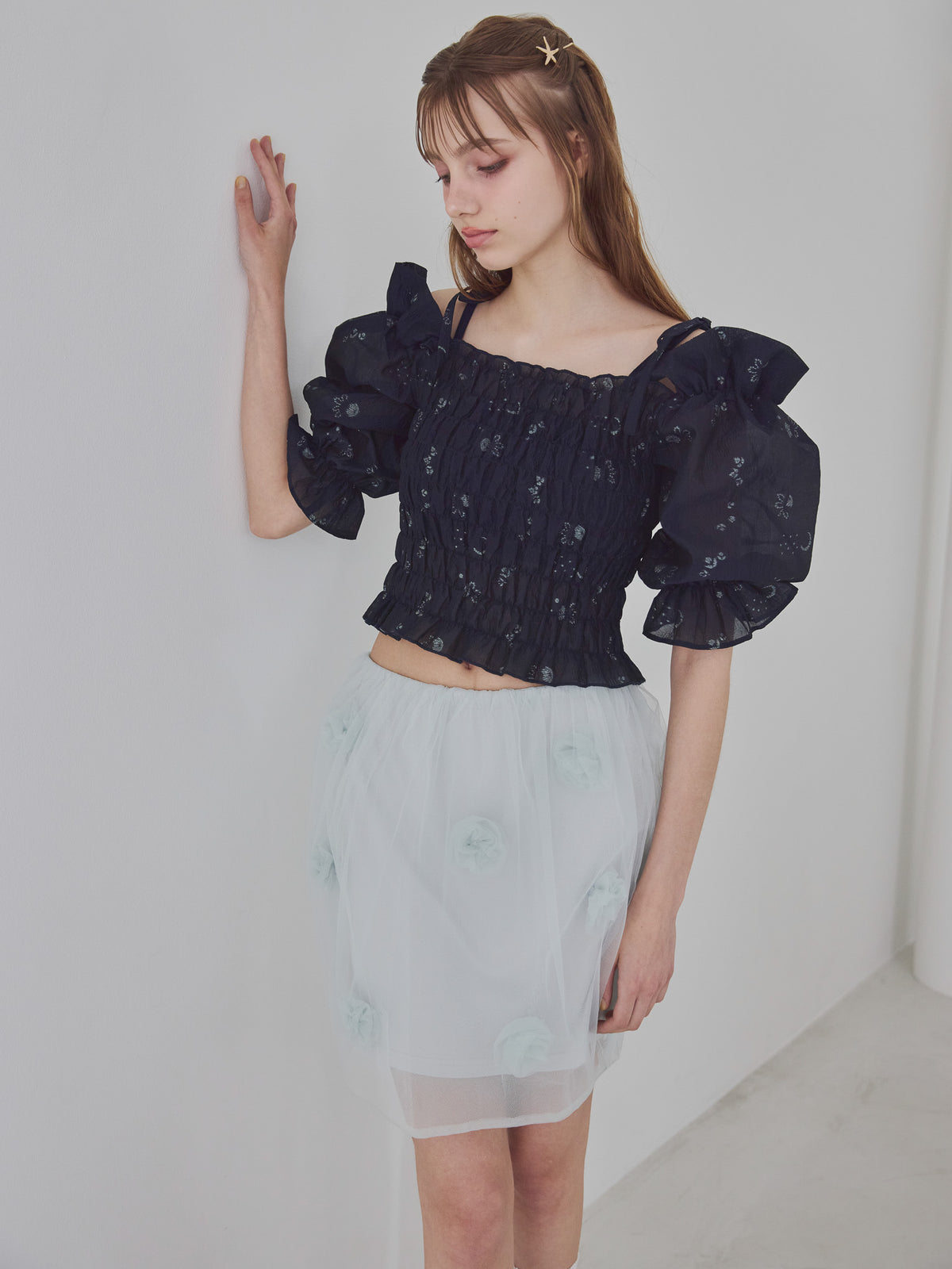 Sheer jacquard off shoulder blouse ネイビー size:M model:175cm MARTA