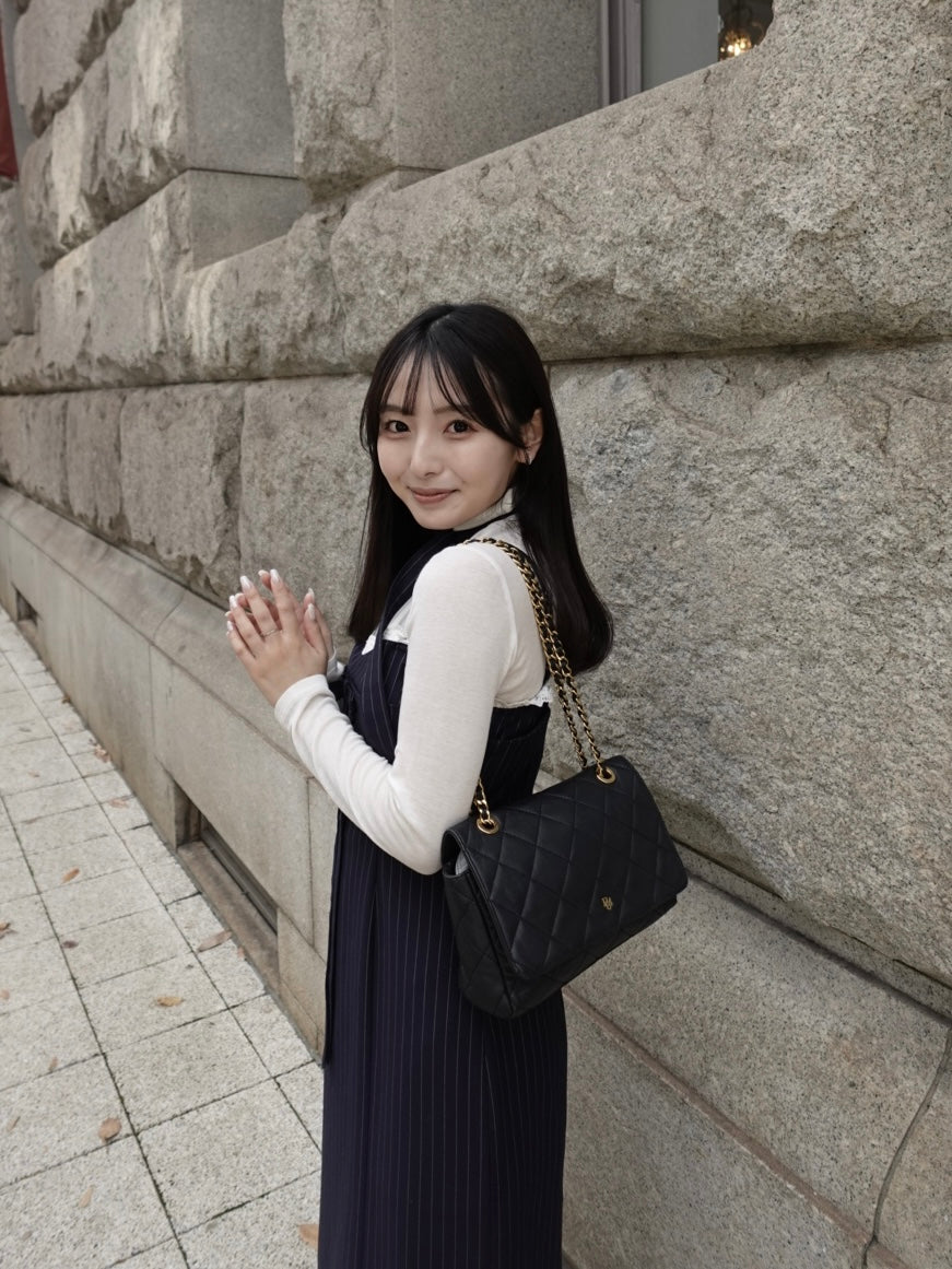 Stripe ribbon tight dress ネイビー
