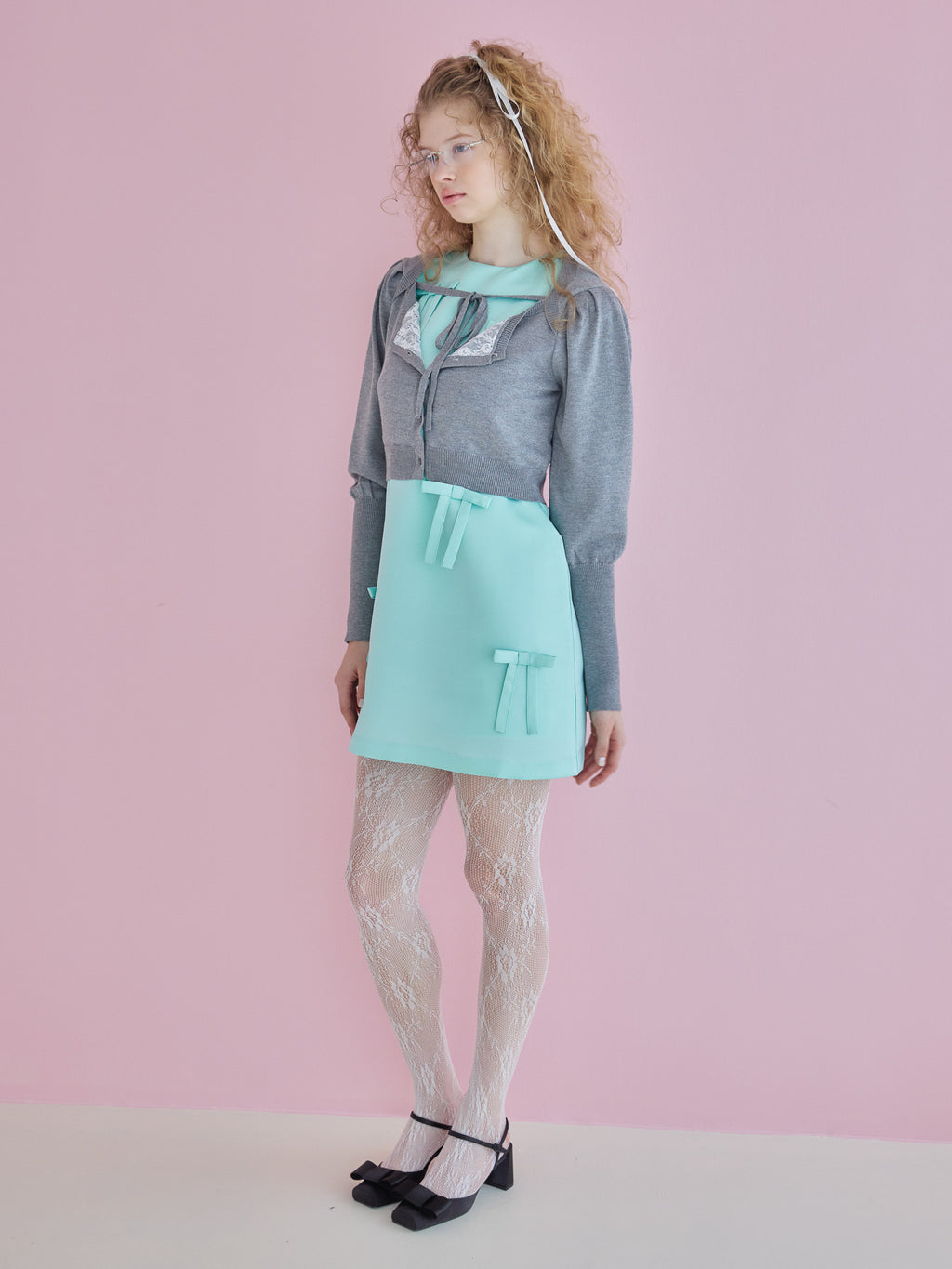Many ribbon satin mini dress グリーン size:M model:173cm Olesia