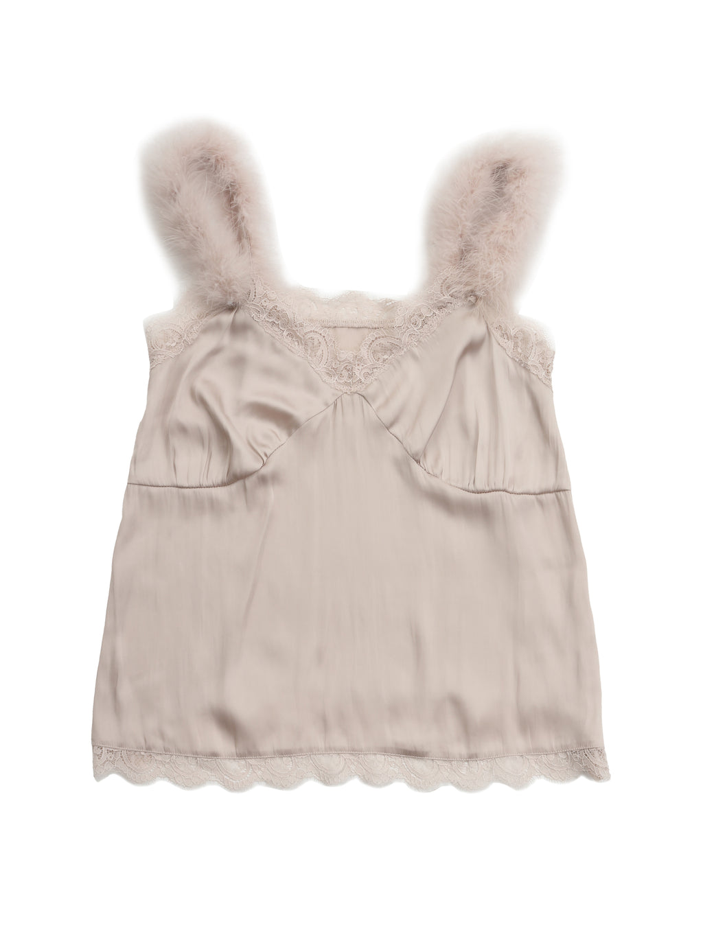 Fur shoulder satin camisole ピンクベージュ