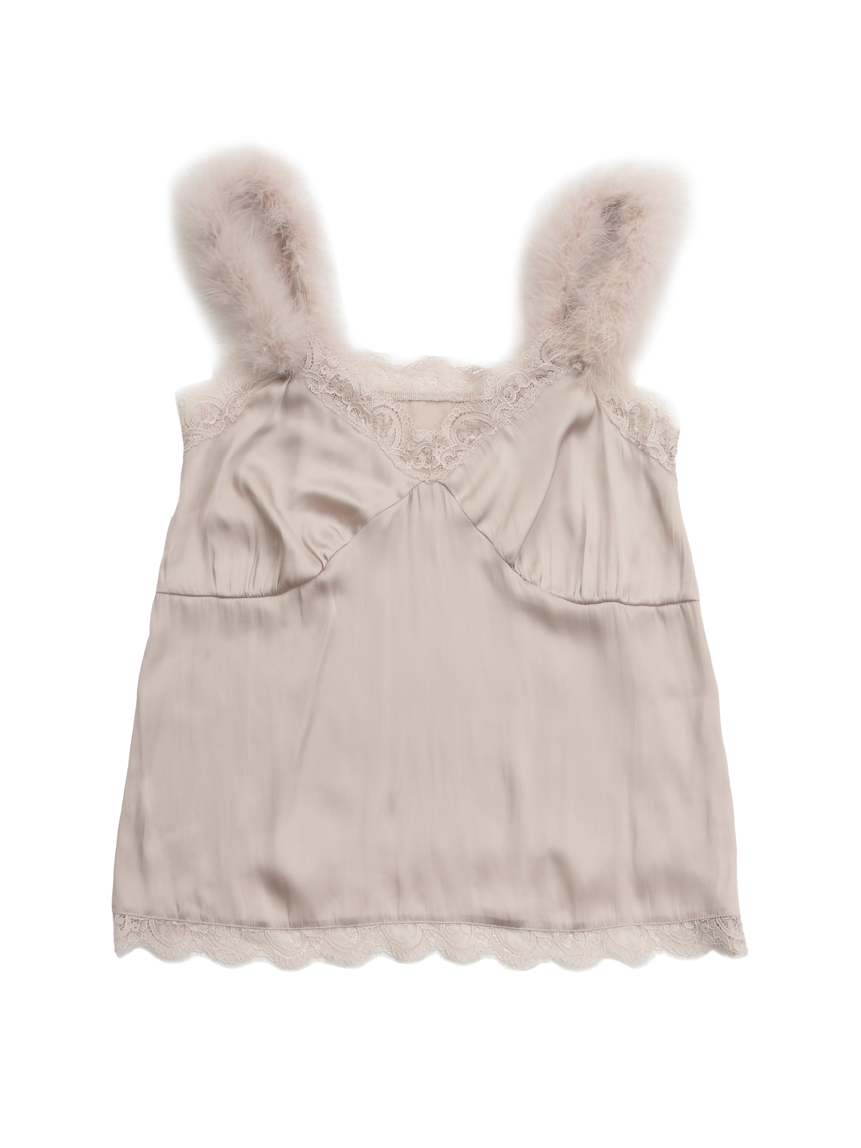 Fur shoulder satin camisole ピンクベージュ