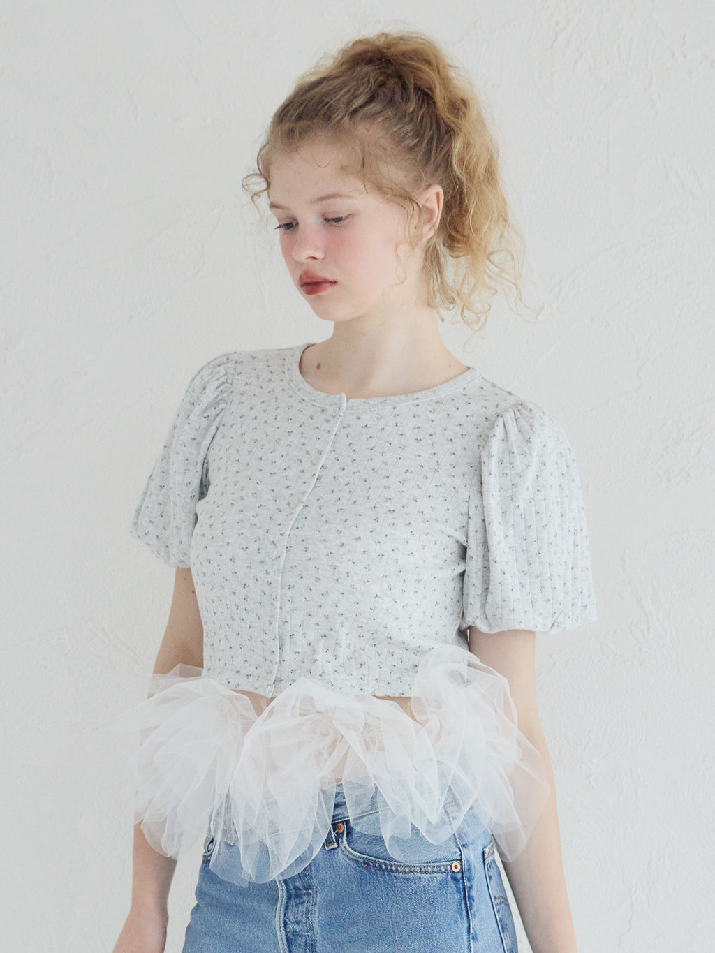 Tulle hem small floral print cardigan グレー size:M model:173cm Olesia