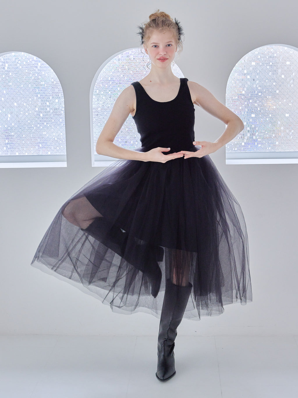 Volume tulle skirt tank dress ブラック size:M model:173cm Olesia