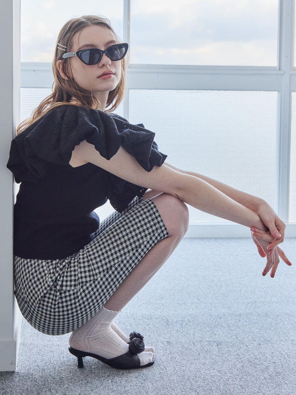 Gingham check sabrina stretch pants ブラック size:M model:171cm ANIUTA