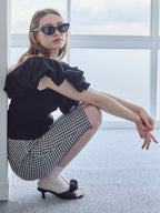 Gingham check sabrina stretch pants ブラック size:M model:171cm ANIUTA