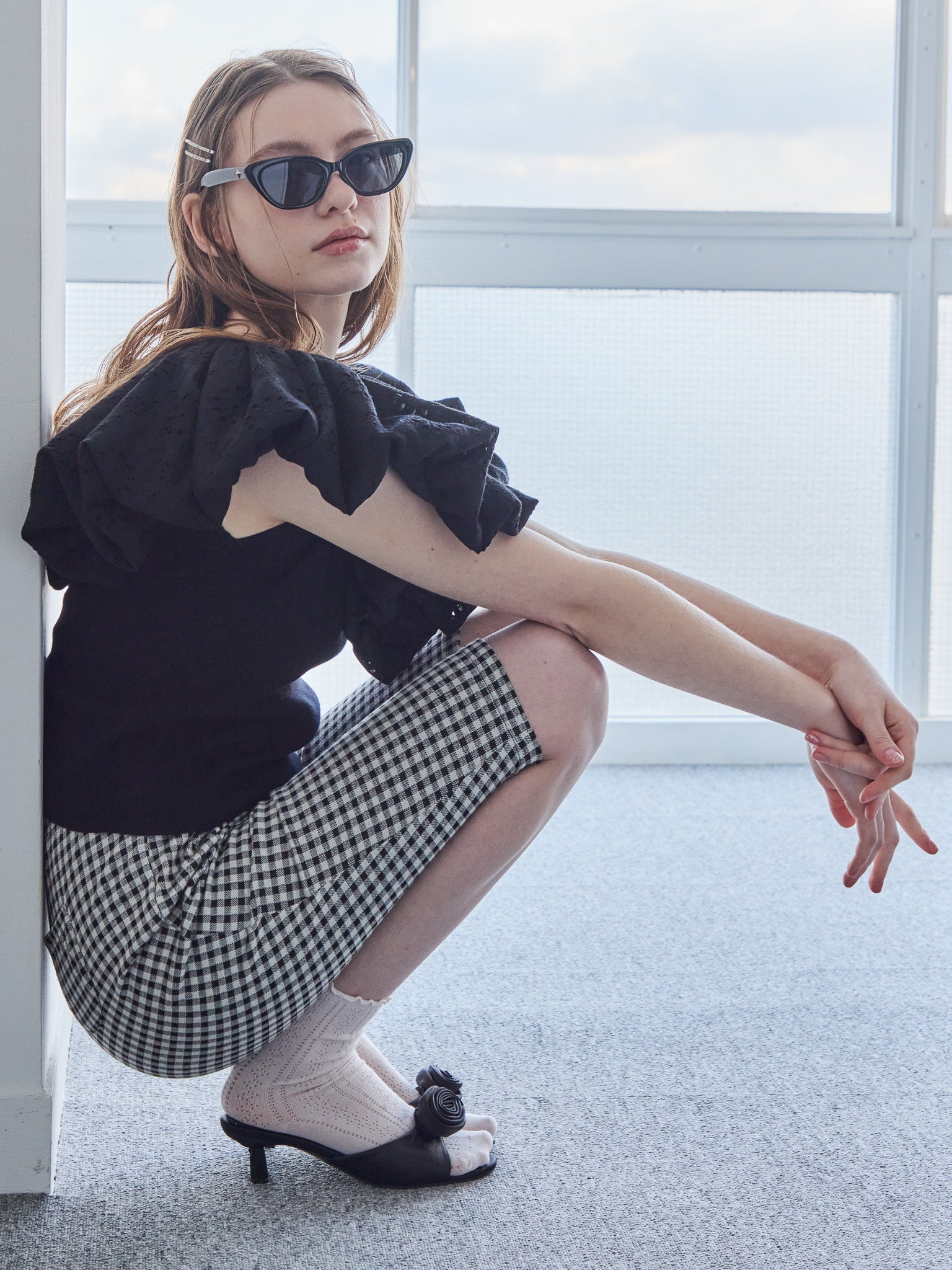 Gingham check sabrina stretch pants ブラック size:M model:171cm ANIUTA