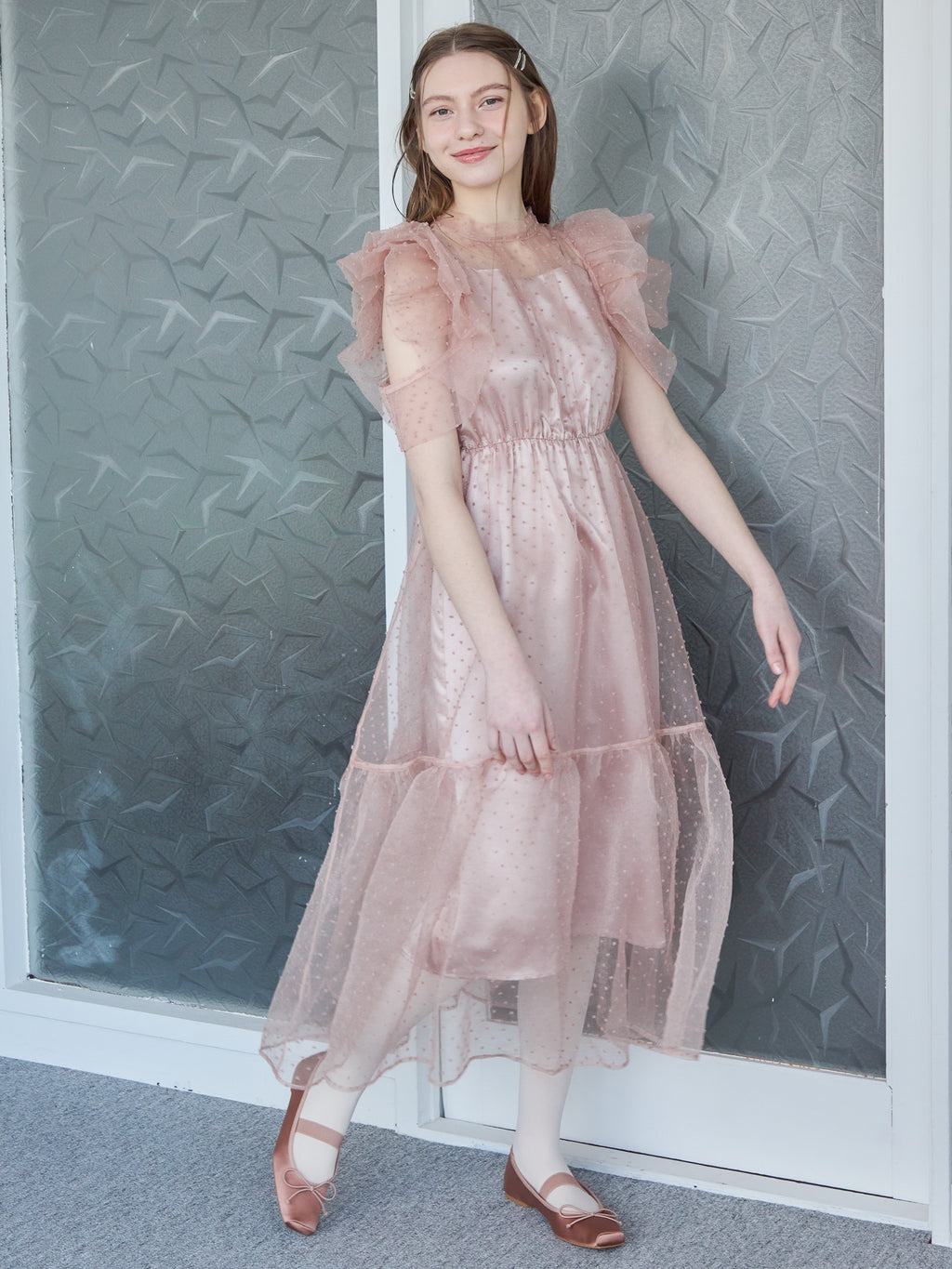 Dot organdy dress ピンクベージュ size:M model:171cm ANIUTA