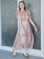 Dot organdy dress ピンクベージュ size:M model:171cm ANIUTA
