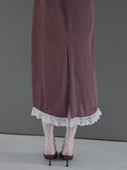 Lace trim satin ribbon dress モカ size:M model:175cm MARTA