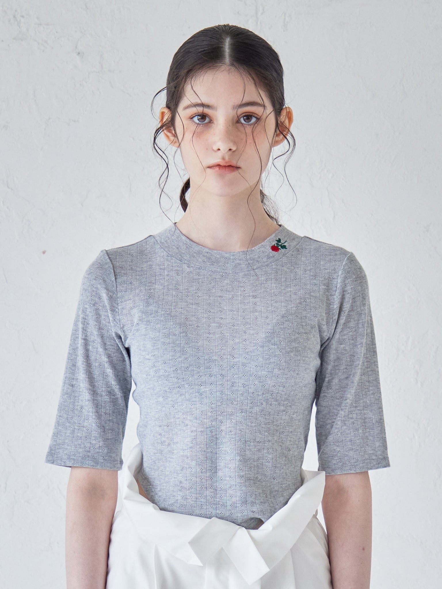 Rose embroidery eyelet short top グレー size:M model:170cm ALICE