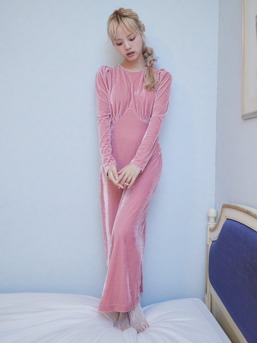 Ribbon embroidered velour dress & tippet ピンク size:M model:163cm MINAMI