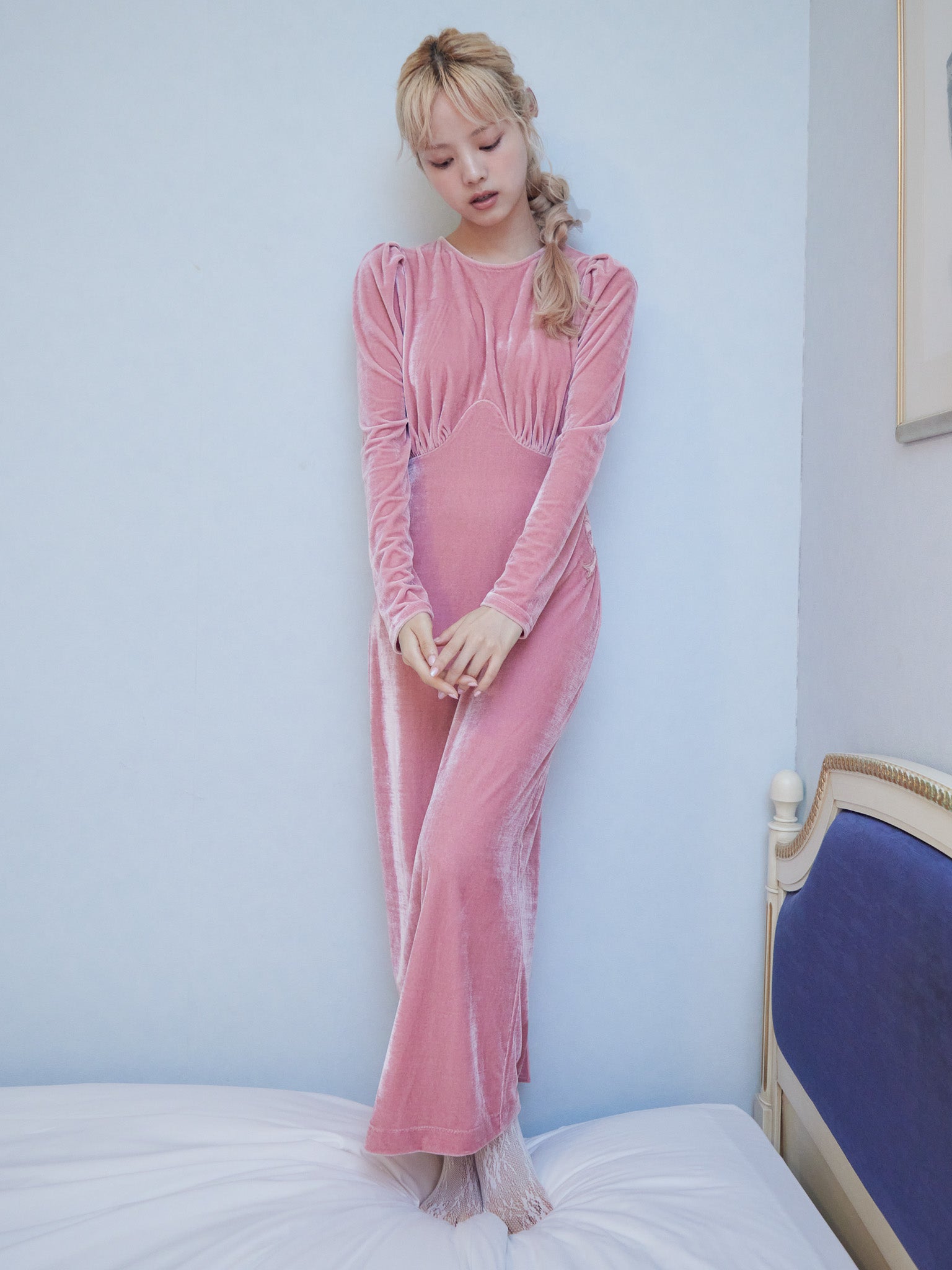 Ribbon embroidered velour dress & tippet ピンク size:M model:163cm MINAMI