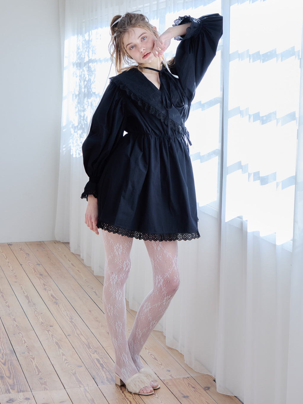 French letter collar wrap mini dress ブラック size:M model:174cm KATERYNA
