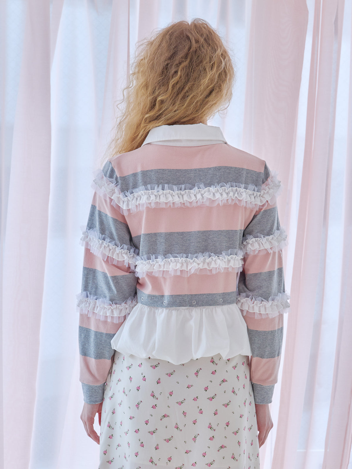 Balloon hem rugby shirt ピンク size:M model:173cm Olesia