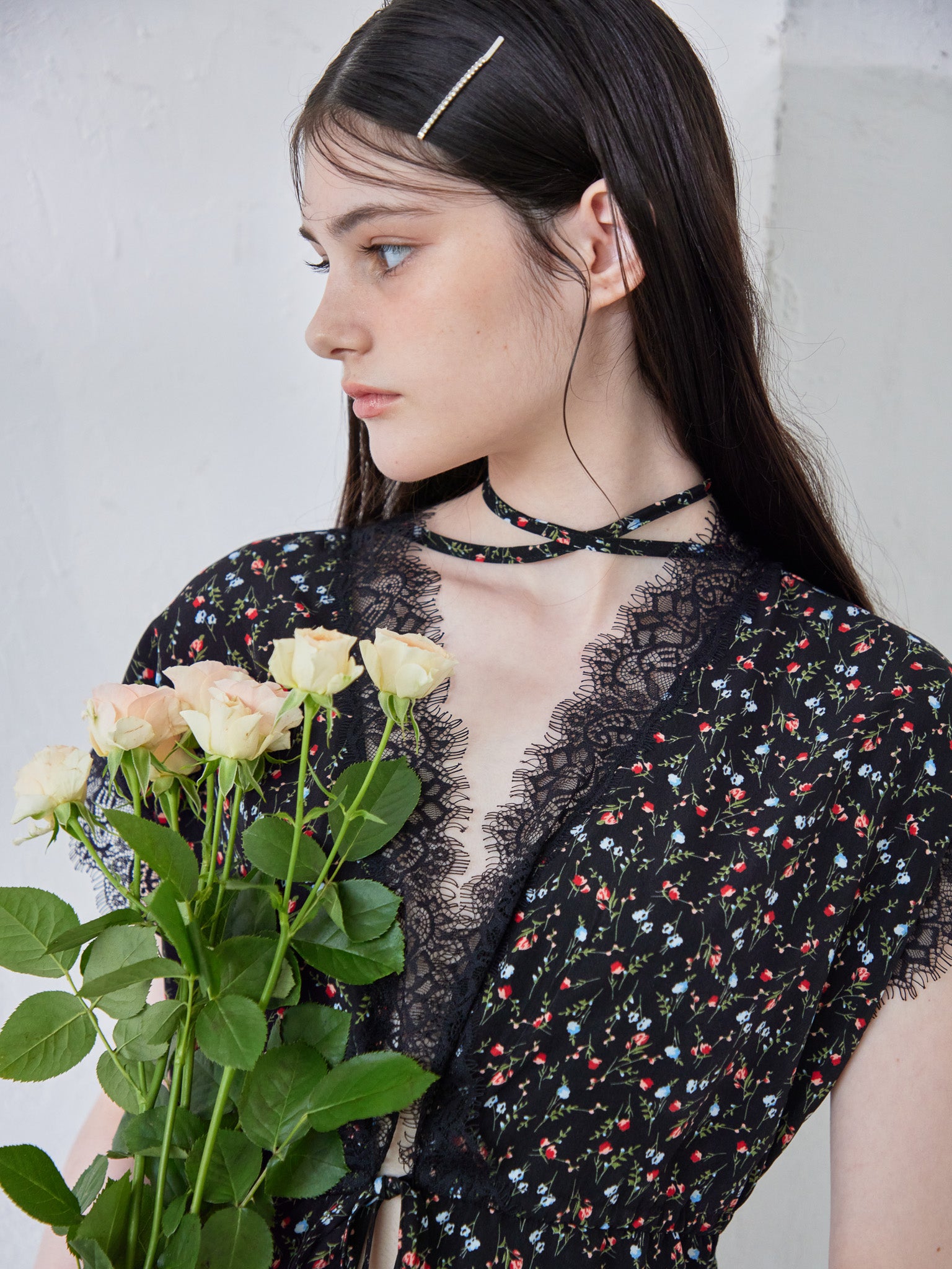 Lace trimming flower dress ブラック size:M model:170cm ALICE