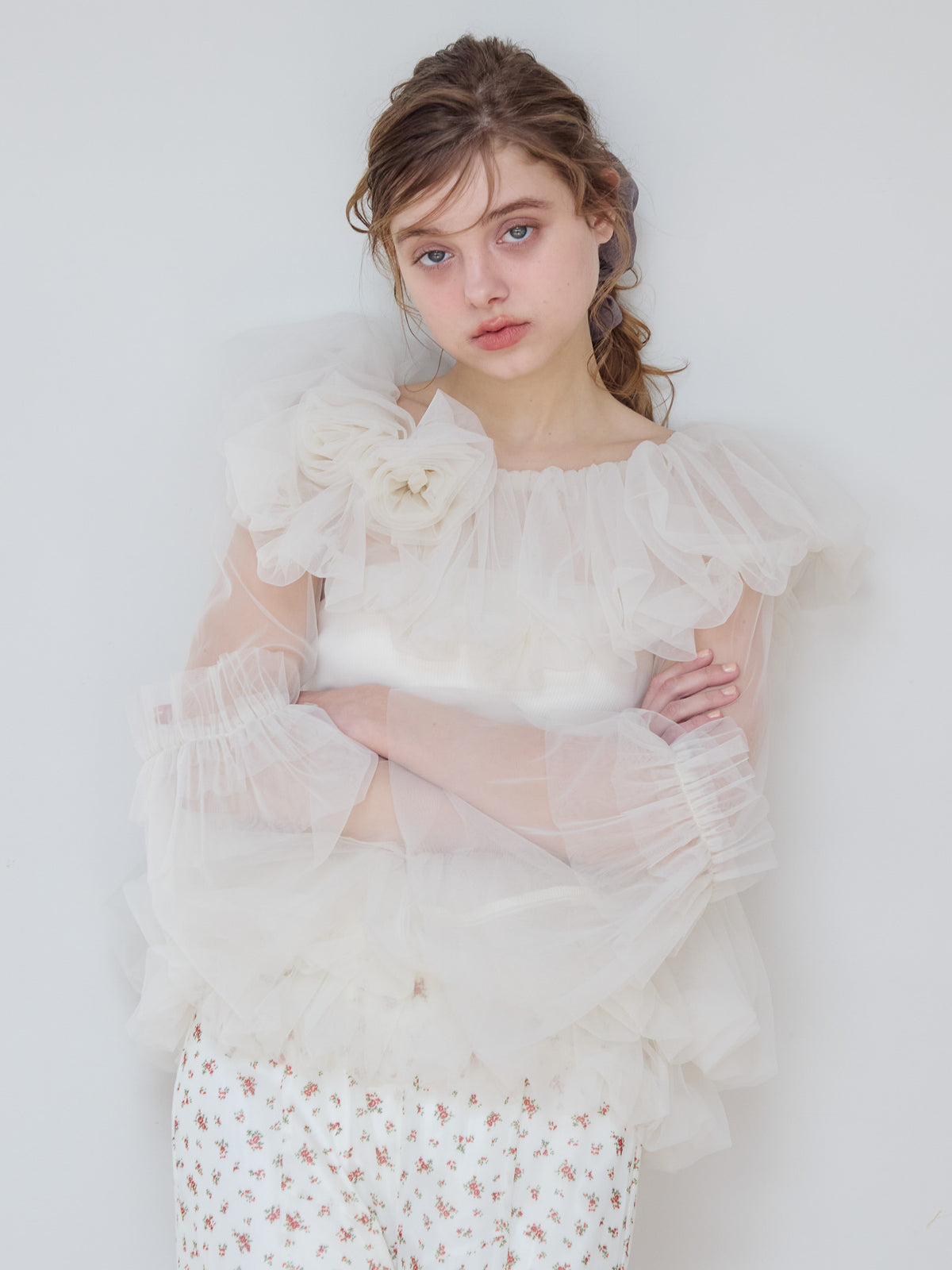 Rose tulle off shoulder blouse