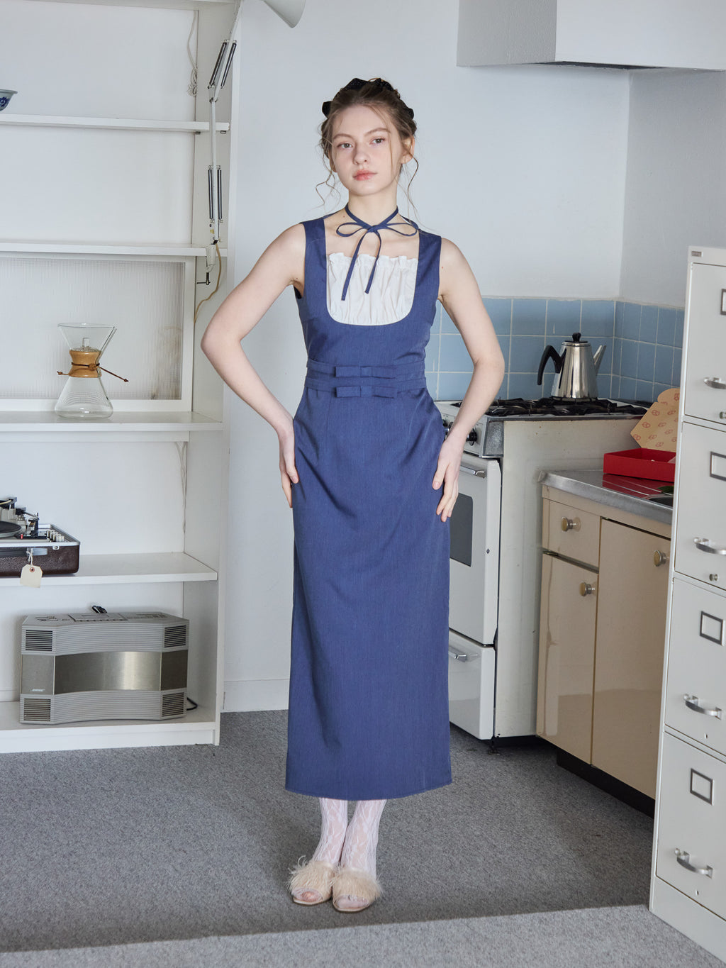 Ribbon waist dress ブルー size:M model:171cm ANIUTA