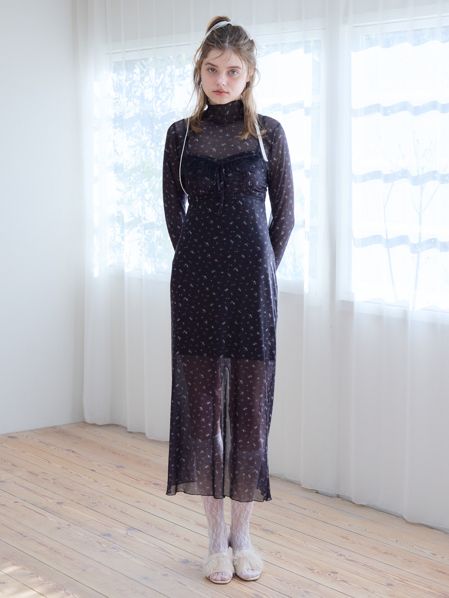 Tulle print dress & bra ブラック size:M model:174cm KATERYNA