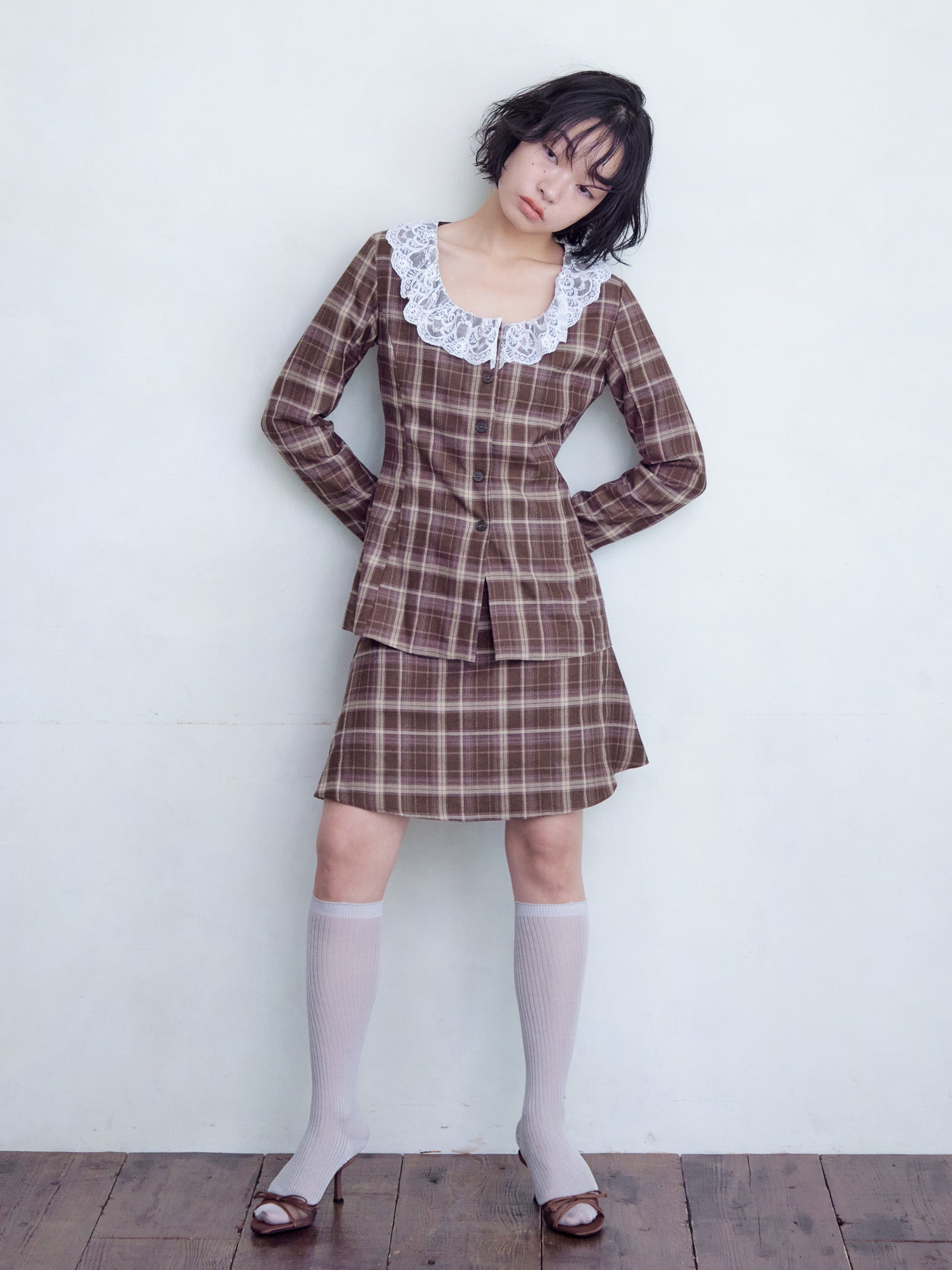 Lace trimmed tailored blouse ブラウン size:M model:161cm 富樫かなえ