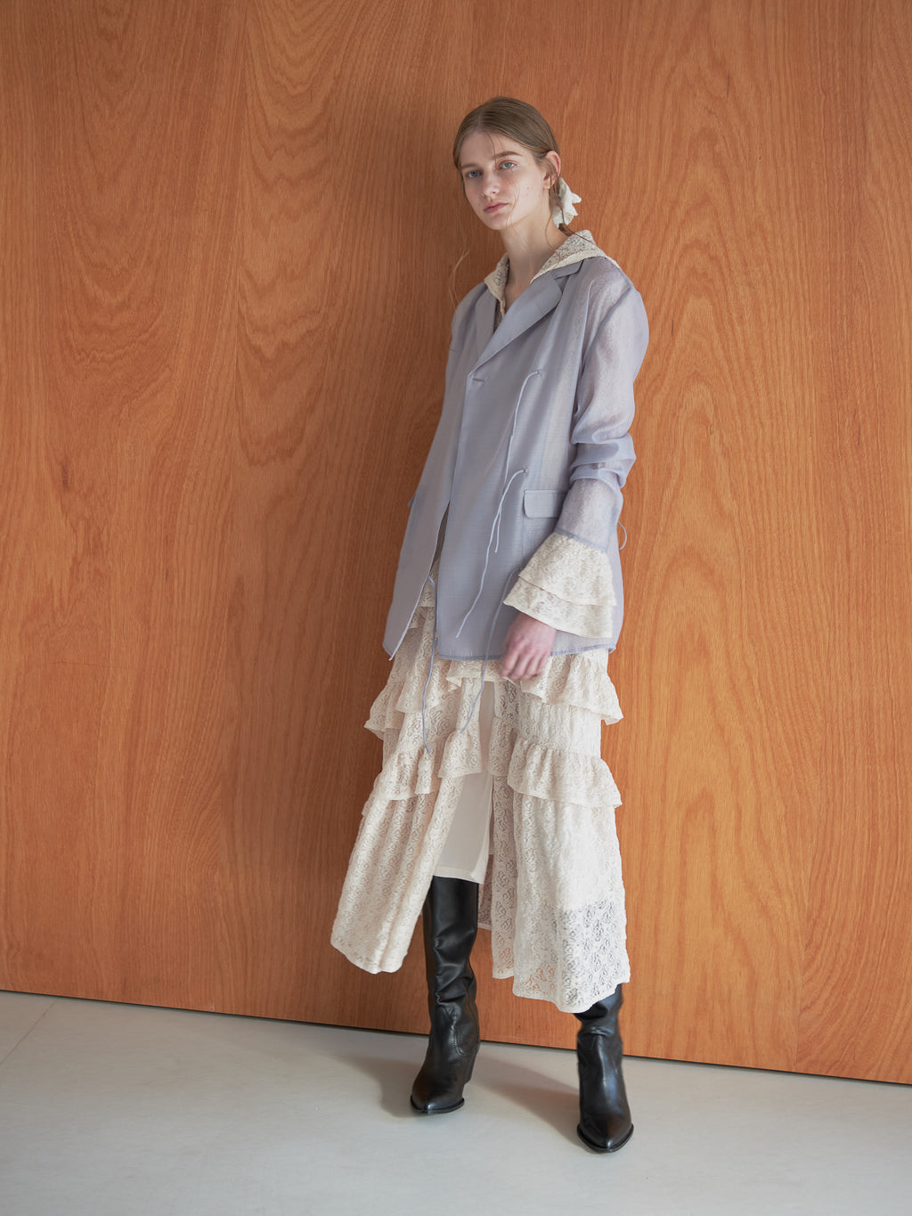 Ribbon sheer jacket グレー size:M model:174cm LERA