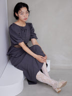 Sheer embroidered puff sleeve dress グレー size:M model:161cm 富樫かなえ