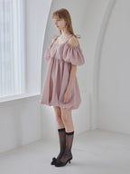 Back ribbon embossed volume mini dress ピンクベージュ size:M model:175cm MARTA