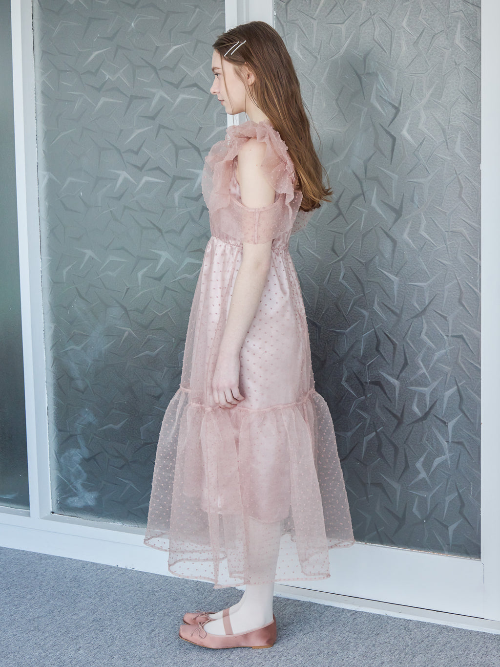 Dot organdy dress ピンクベージュ size:M model:171cm ANIUTA