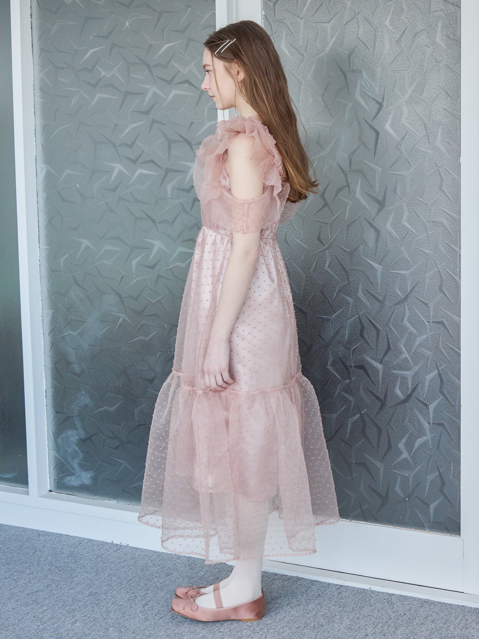 Dot organdy dress ピンクベージュ size:M model:171cm ANIUTA