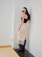 Ribbon embroidered lace tight skirt ピンク