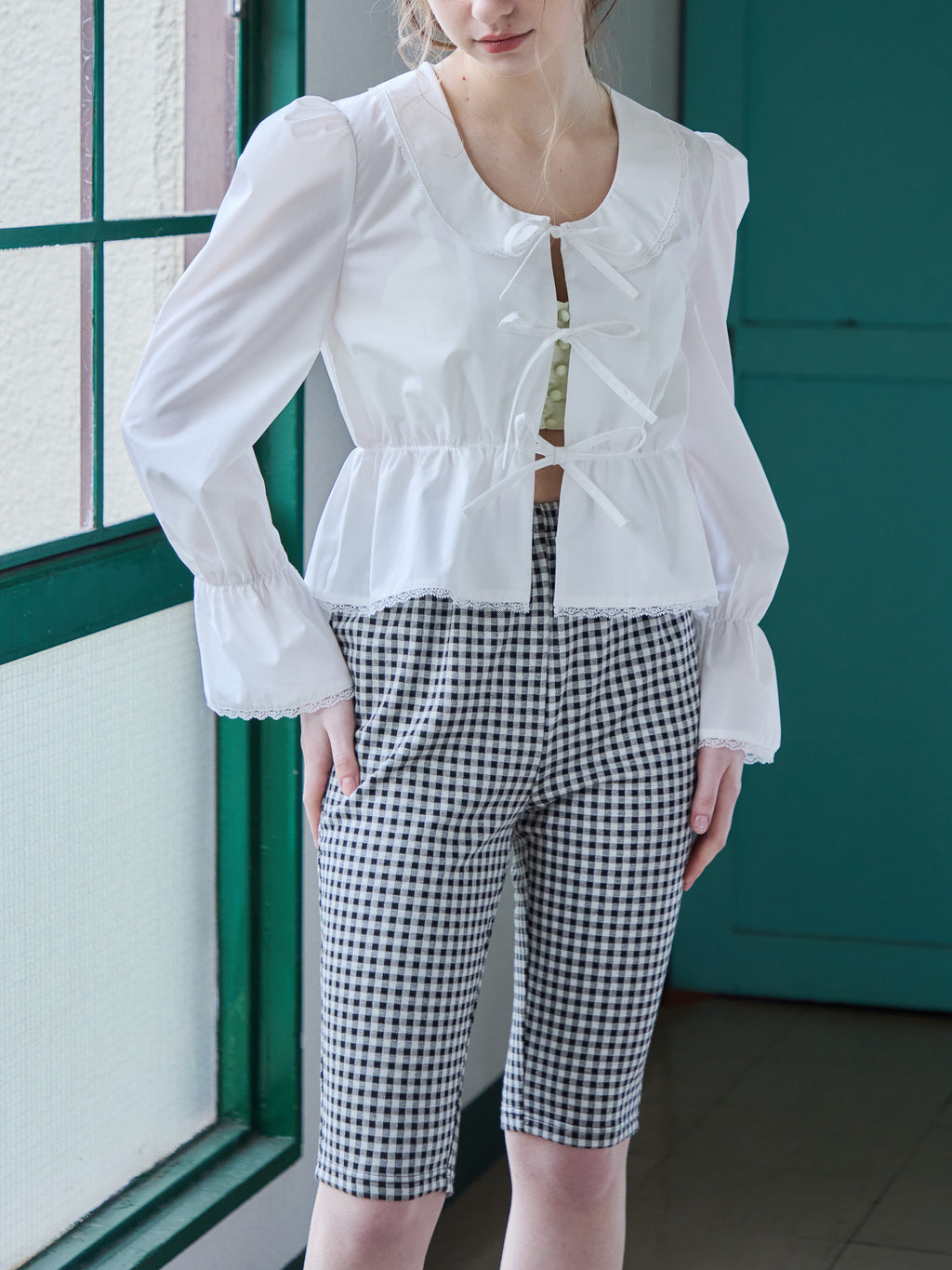 Gingham check sabrina stretch pants ブラック size:M model:171cm ANIUTA