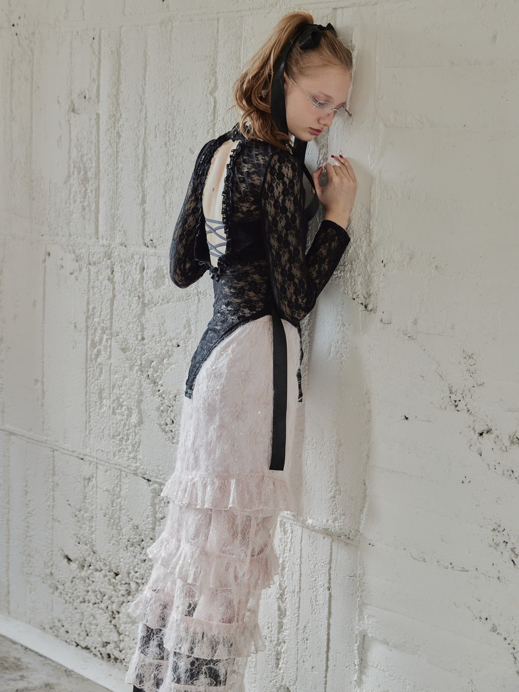 Shiny lace tiered skirt ピンク size:M model:173cm DASHA.G