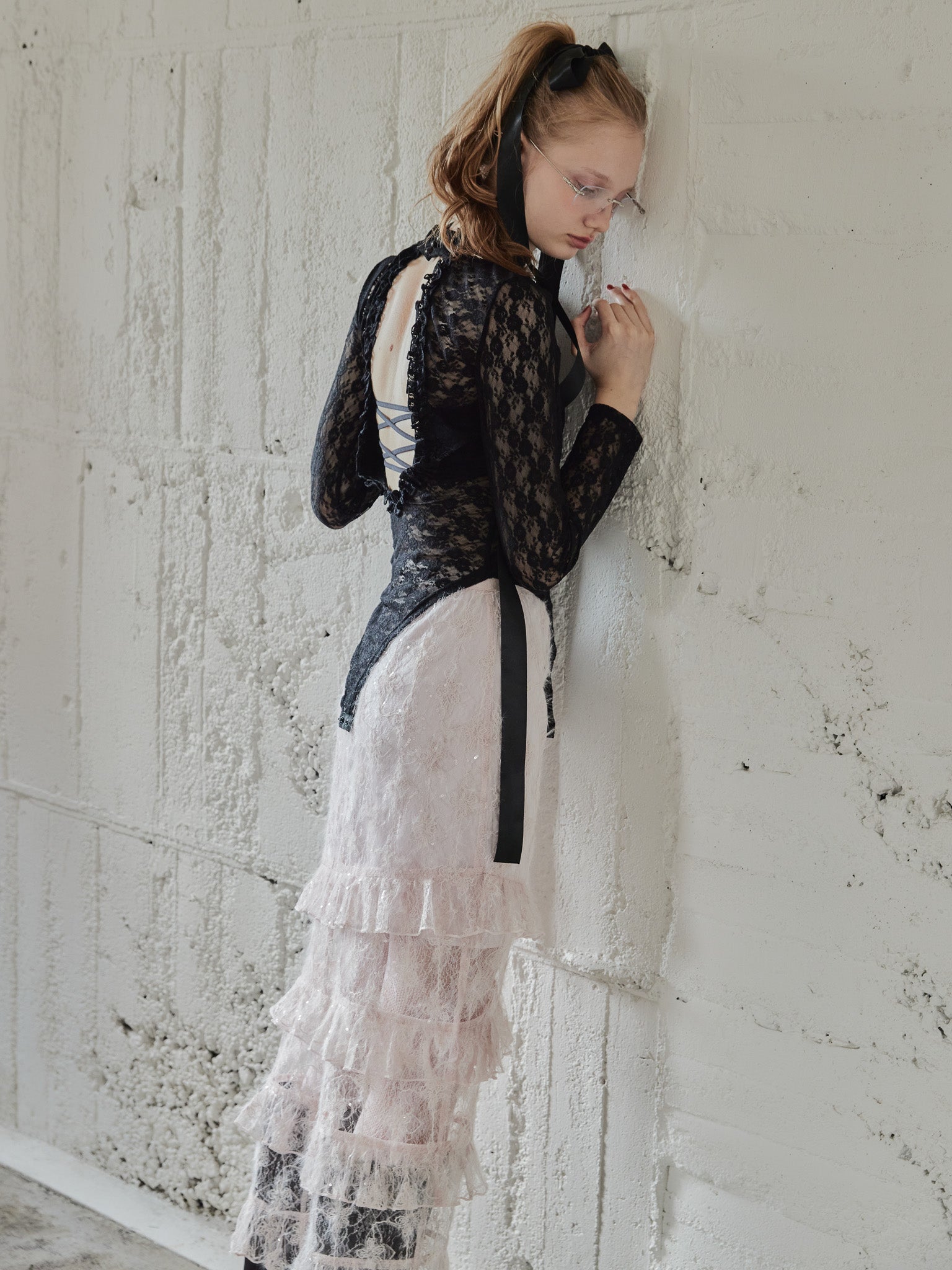 Shiny lace tiered skirt ピンク size:M model:173cm DASHA.G