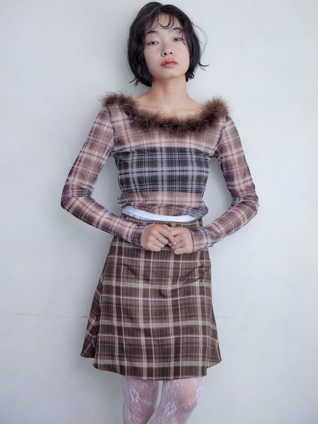 Fur trimmed sheer top ブラウン size:M model:161cm 富樫かなえ
