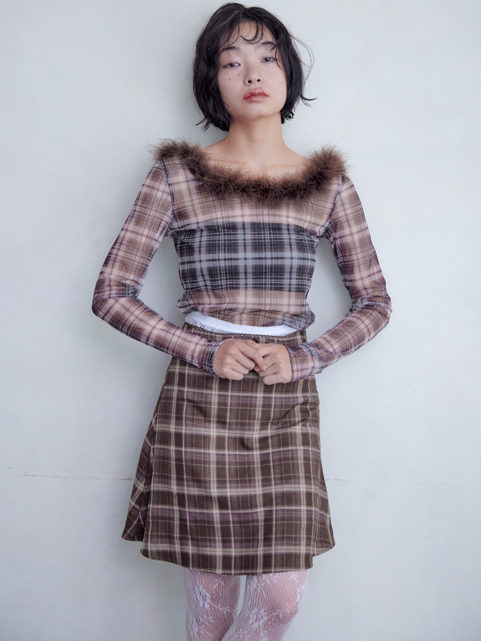 Fur trimmed sheer top ブラウン size:M model:161cm 富樫かなえ