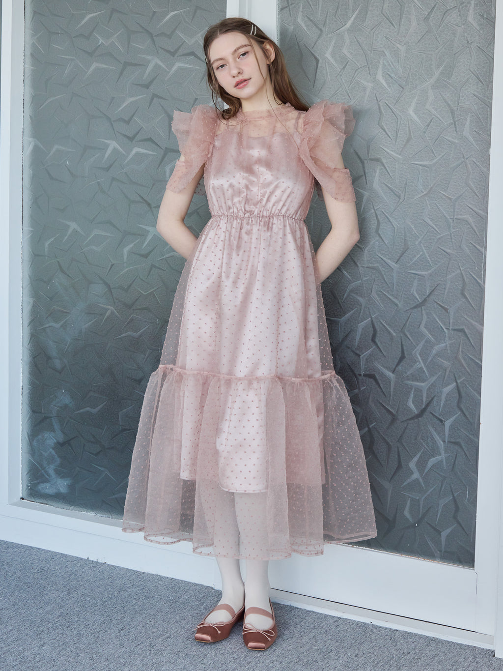 Dot organdy dress ピンクベージュ size:M model:171cm ANIUTA