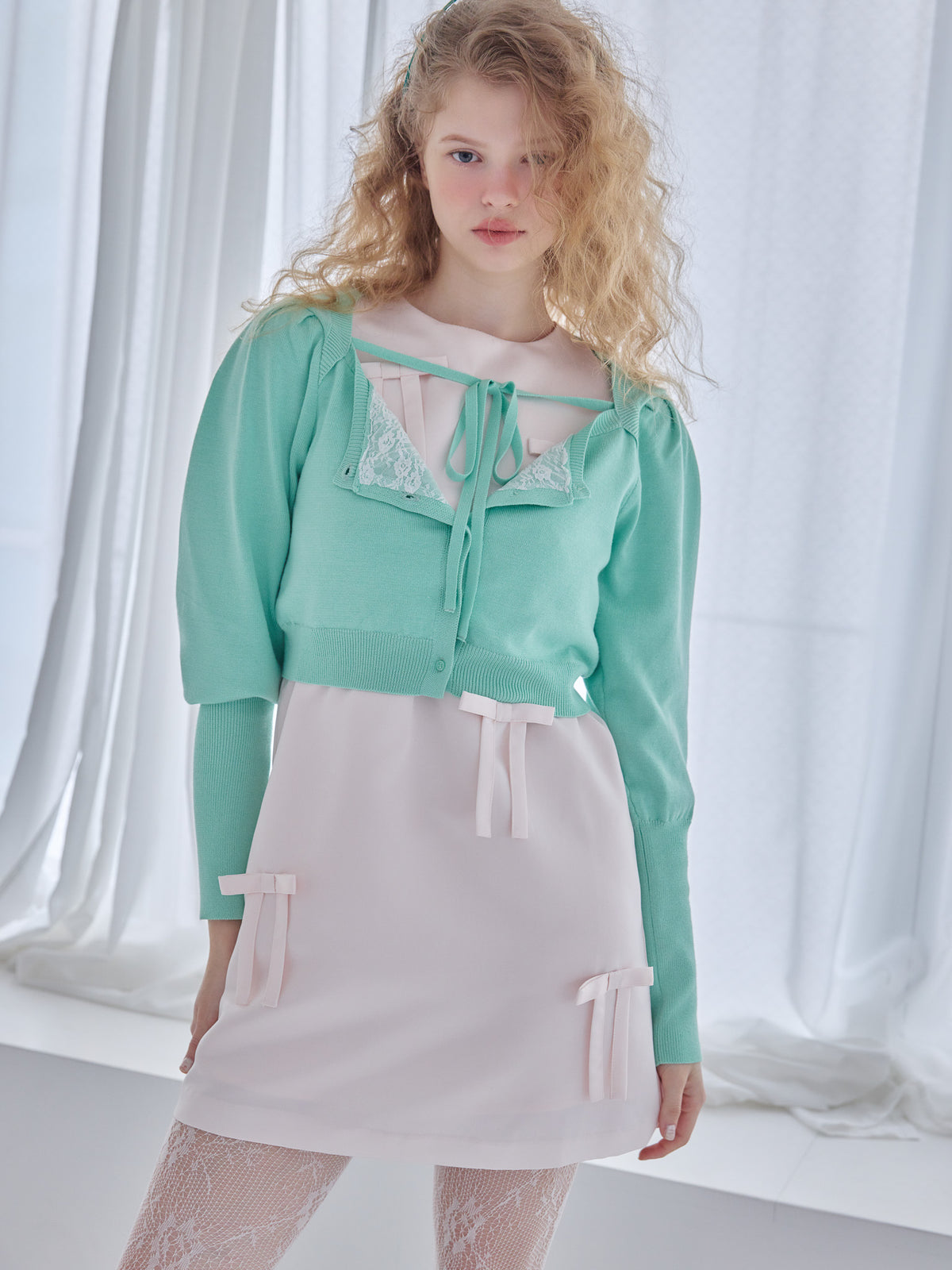 Many ribbon satin mini dress ピンク size:M model:173cm Olesia