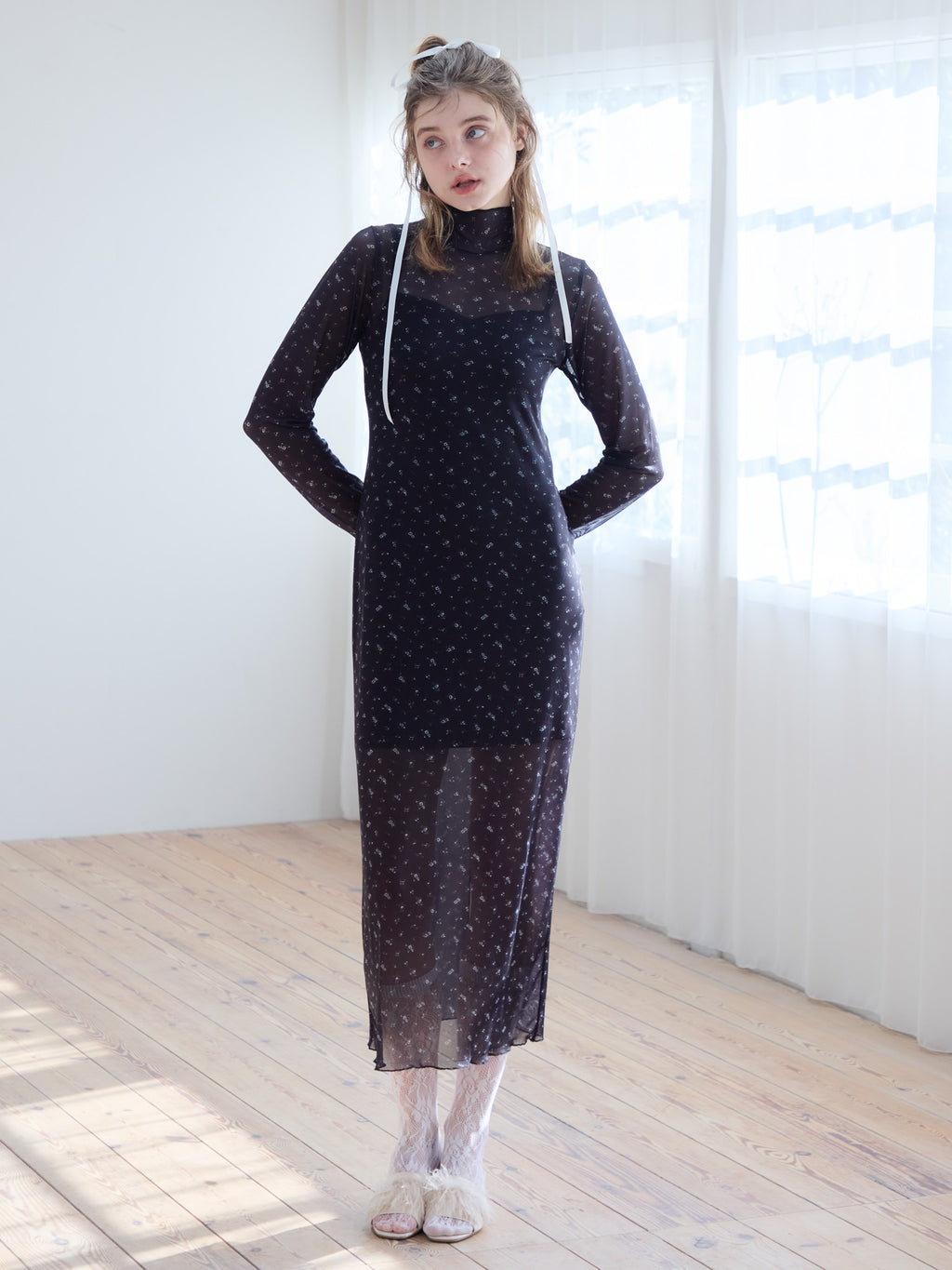 Tulle print dress & bra ブラック size:M model:174cm KATERYNA