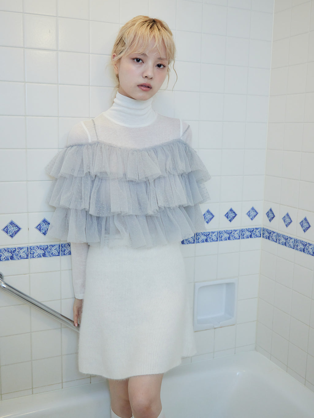 Dot tulle ruffle & knit top set ライトグレー size:M model:163cm MINAMI