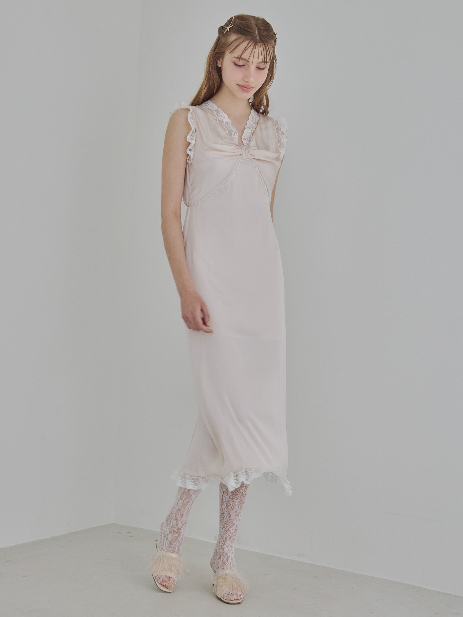 Lace trim satin ribbon dress ピンクベージュ size:M model:175cm MARTA