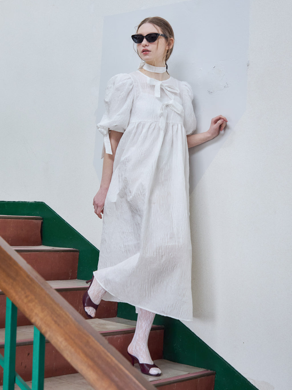 Ribbon jaquard volume dress ホワイト size:M model:171cm ANIUTA