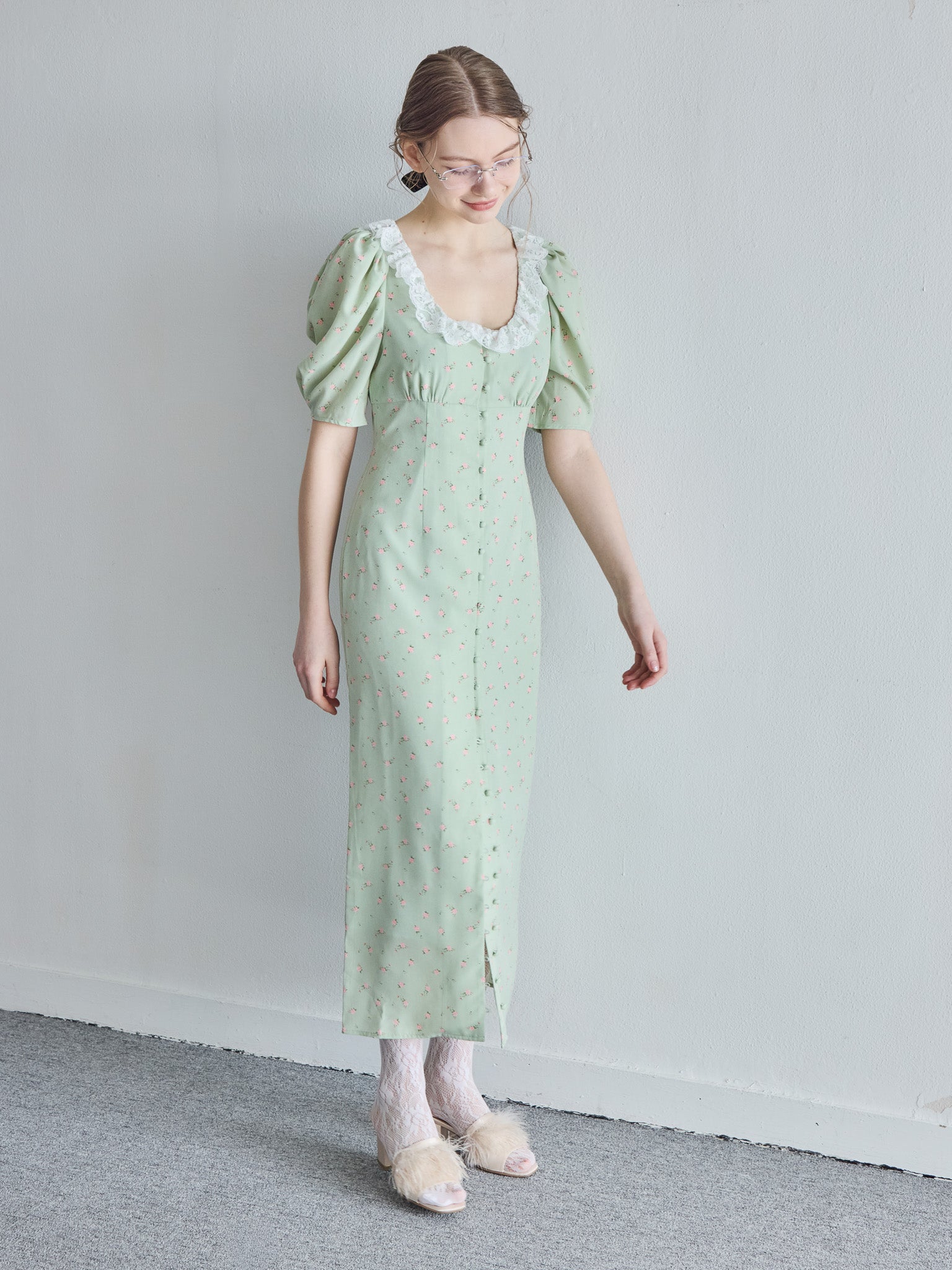 Decollete lace dress ミント size:M model:171cm ANIUTA