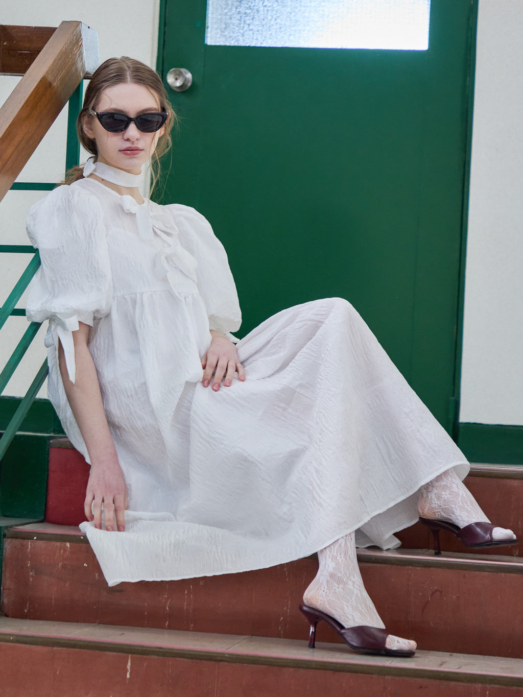 Ribbon jaquard volume dress ホワイト size:M model:171cm ANIUTA