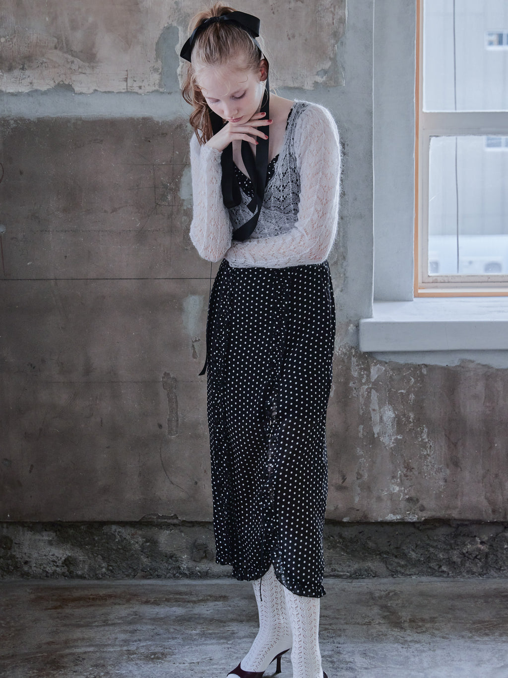 Mohair crochet ribbon cardigan ライトグレー size:M model:173cm DASHA.G