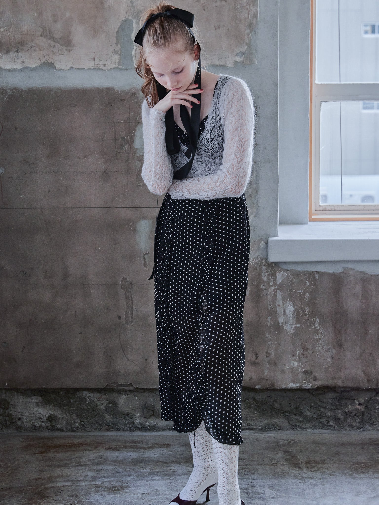 Mohair crochet ribbon cardigan ライトグレー size:M model:173cm DASHA.G